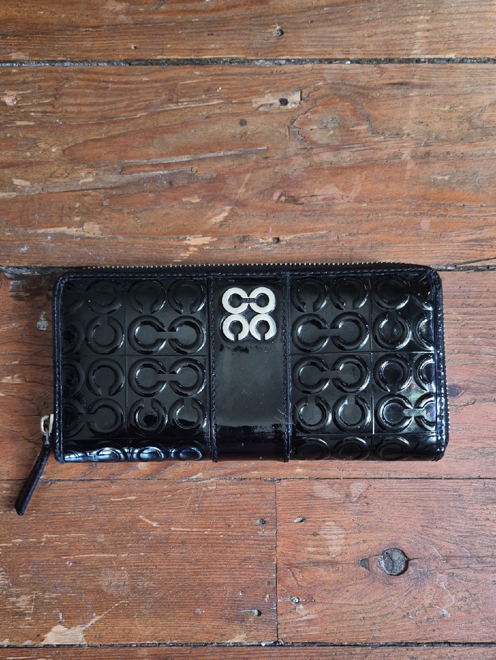 Coach Patent Black Embossed Zip Wallet